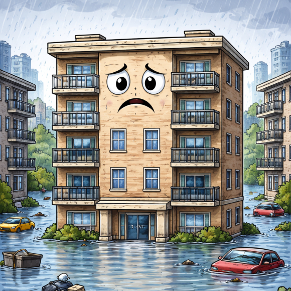 Tekening van een appartementsgebouw met een zielig gezicht en de omgeving onder water